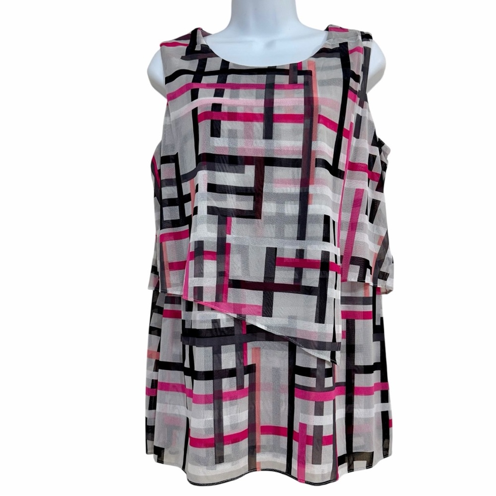 Alfani Geometric Pattern Sleeveless  Blouse Top Size Medium Tunic Tank Overlay